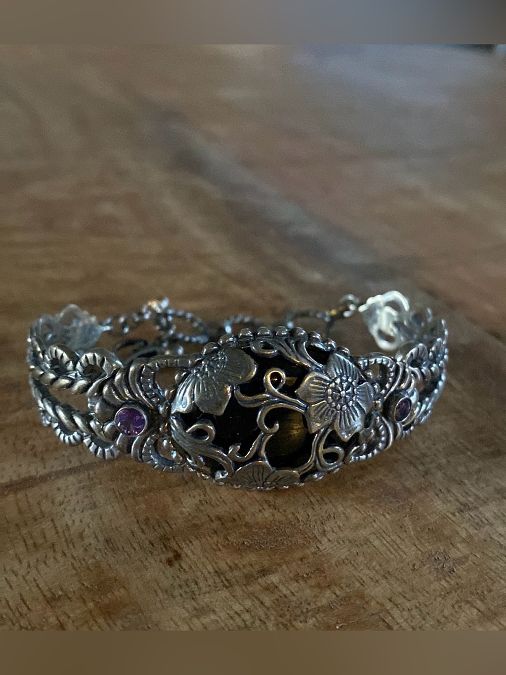 Stunning Carolyn Pollack Sterling Silver Onyx & Amethyst Filigree Bracelet